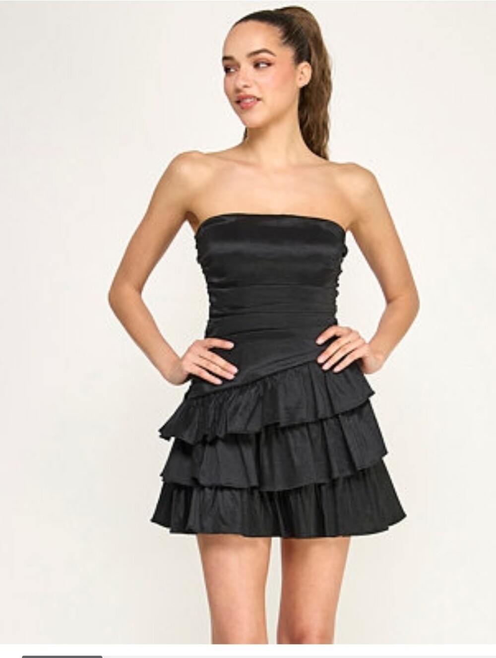 Strapless Black Tiered Ruffle Mini Dress Shirred Bodice 9/10
